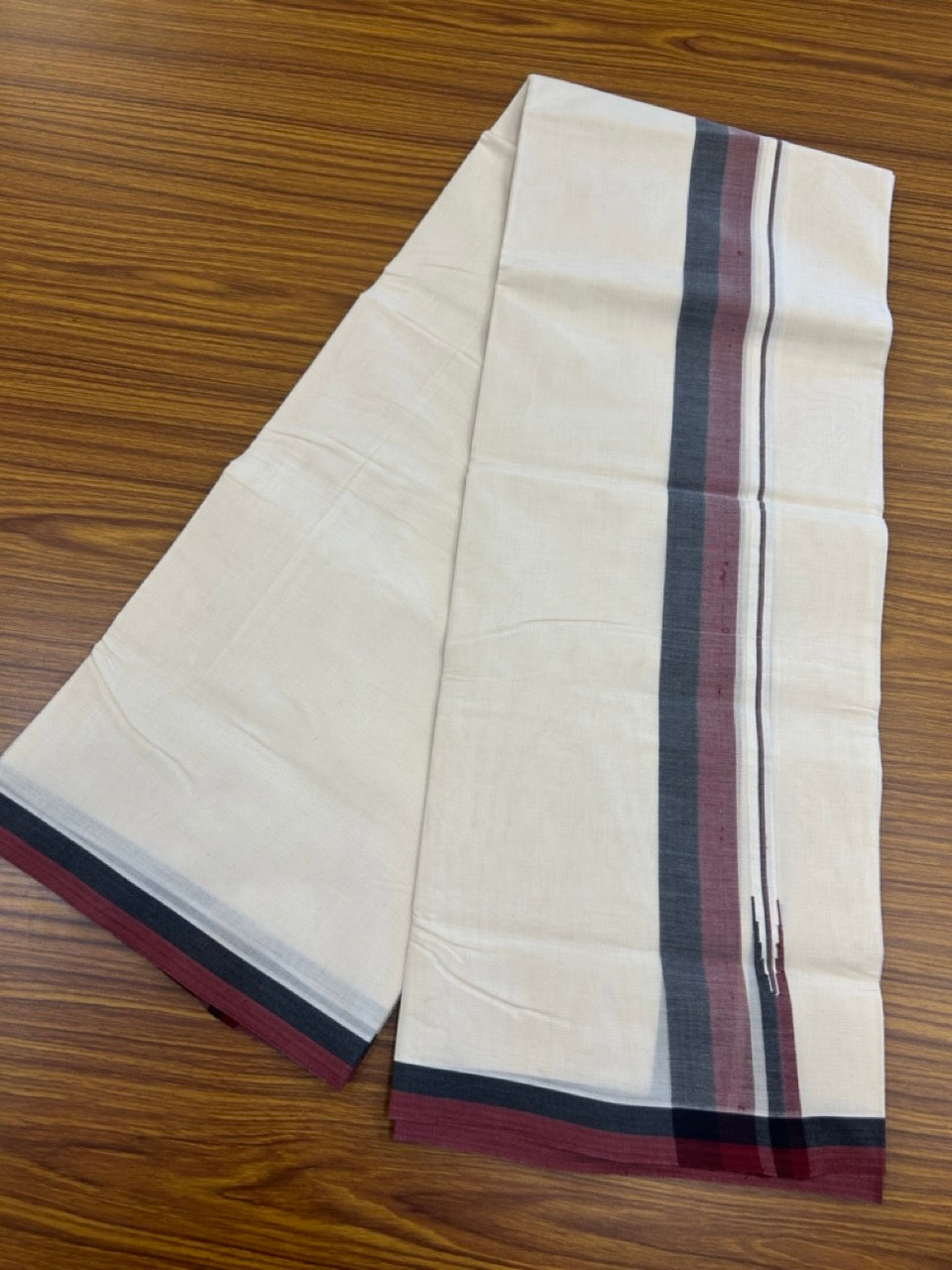 DMK Veshti - 20% DISCOUNT! KaithariKada 100% Cotton off white Double - (Unbleached) Mundu/Dhoti - 100X100 - 1.75 inch Puliyilakkara Black & Maroon Chutty kara - 25 KK5268 ASH