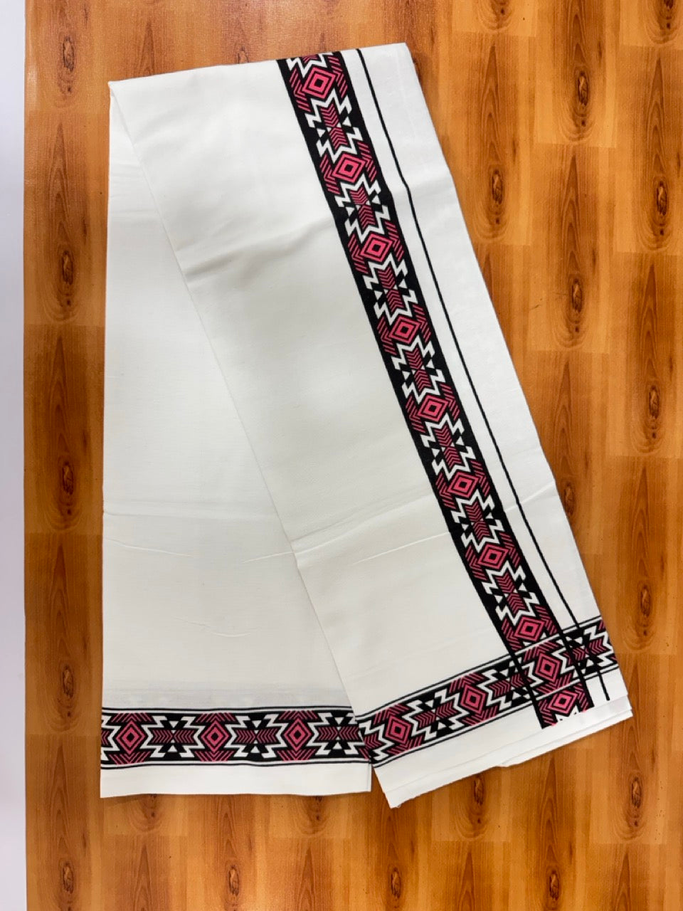 Single White Kerala Mund Polyster Mixed Cotton - (20s) - Kaily / Lungi - 2 inch Peach Printed Kara (2 meter / 4 muzham) - 1 KK8070 GAN