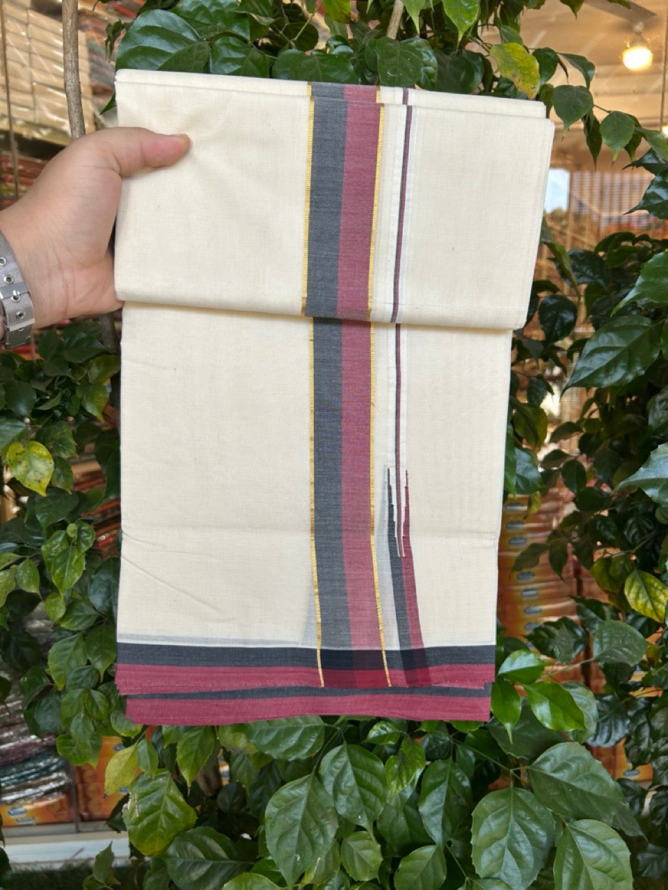 DMK Veshti - 20% Discount !! KaithariKada Balaramapuram Double Off white - (Unbleached) Mundu/Dhoti - 100X100 - 1.5 inch Puliyilakkara Kasavu Maroon & Black Chutty Kara - 28 KK5268 ASH
