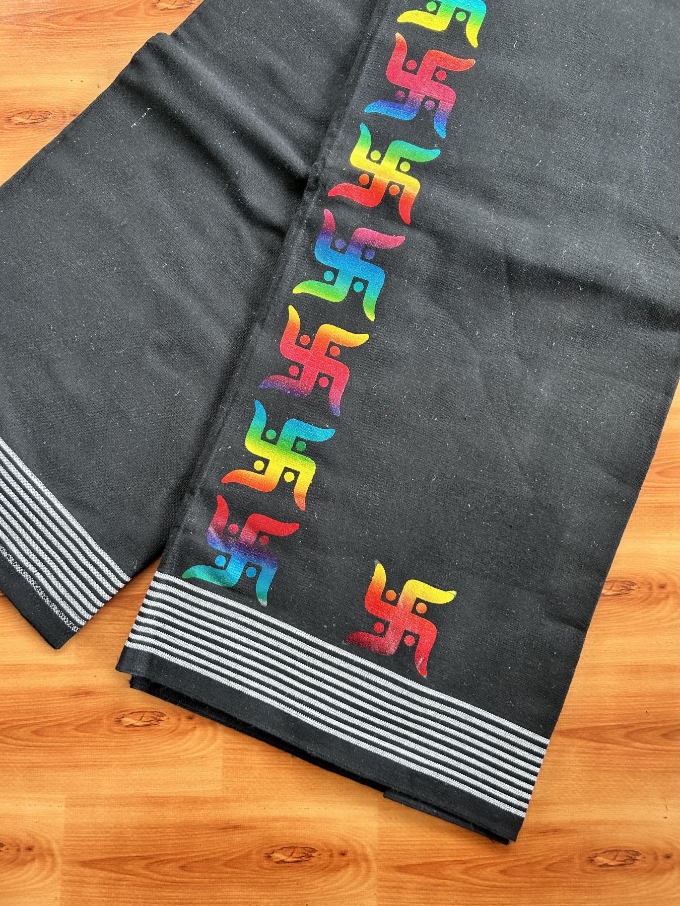 Kaitharikada - Single Kaily / Lungi - Mixed Cotton - 40s twisted - 2 inch Multi Colour Swastik Printed Design Kara with Black colour body (2 meter / 4 muzham) - 18 KK8058 GAN
