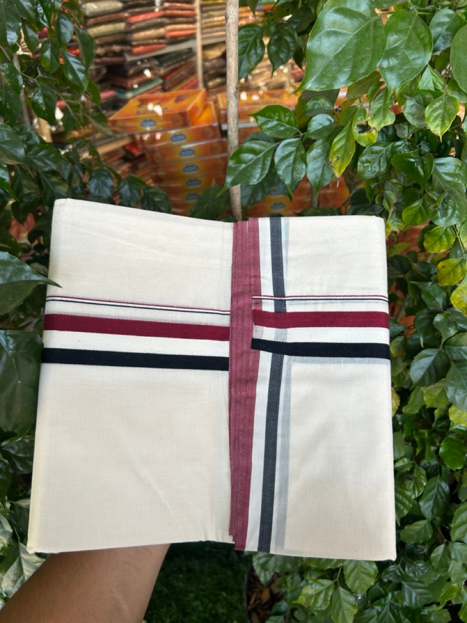 Admk Veshti - 20% Discount! KaithariKada 100% Cotton Off White Double - (Unbleached) Mundu/Dhoti - 100X100 - 1.25 inch Maroon White & Black kara 4 mtr (8.5 muzham)- 9 KK5335 ASH