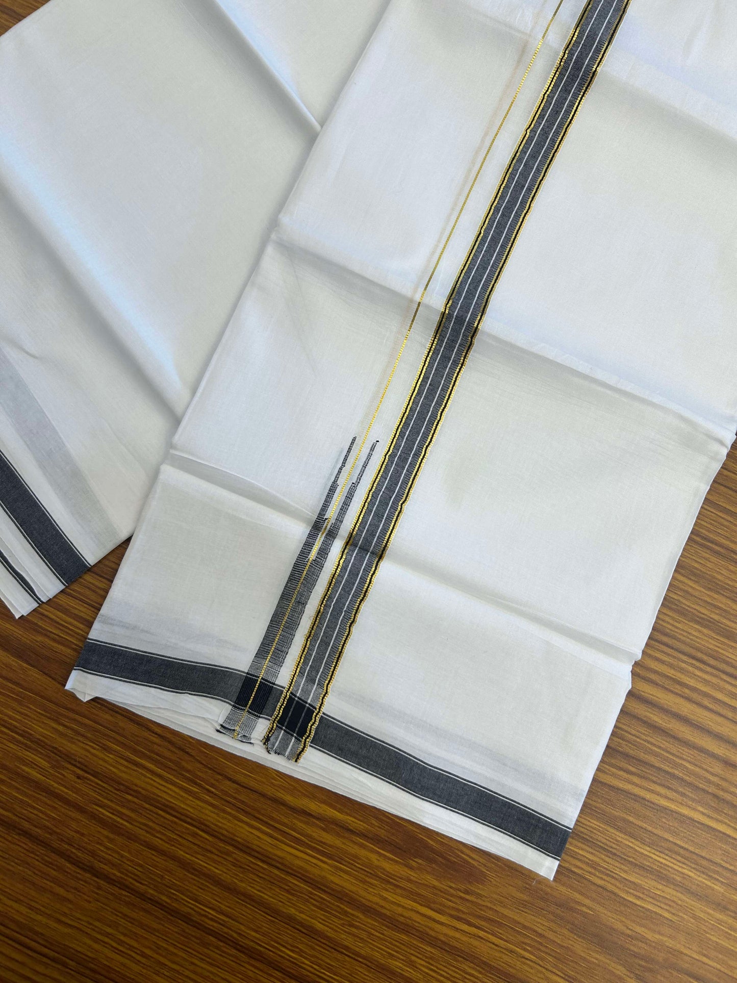 20% Discount!! Kaitharikada Balaramapuram 100% Pure Cotton Pure White Double Mundu/Dothi - 100x80 - 2 cm Black & Gold Kasav Puliyilakkara One Side Chutty Kara 3.90 m (8 muzham) - 33 KK5310 CKS