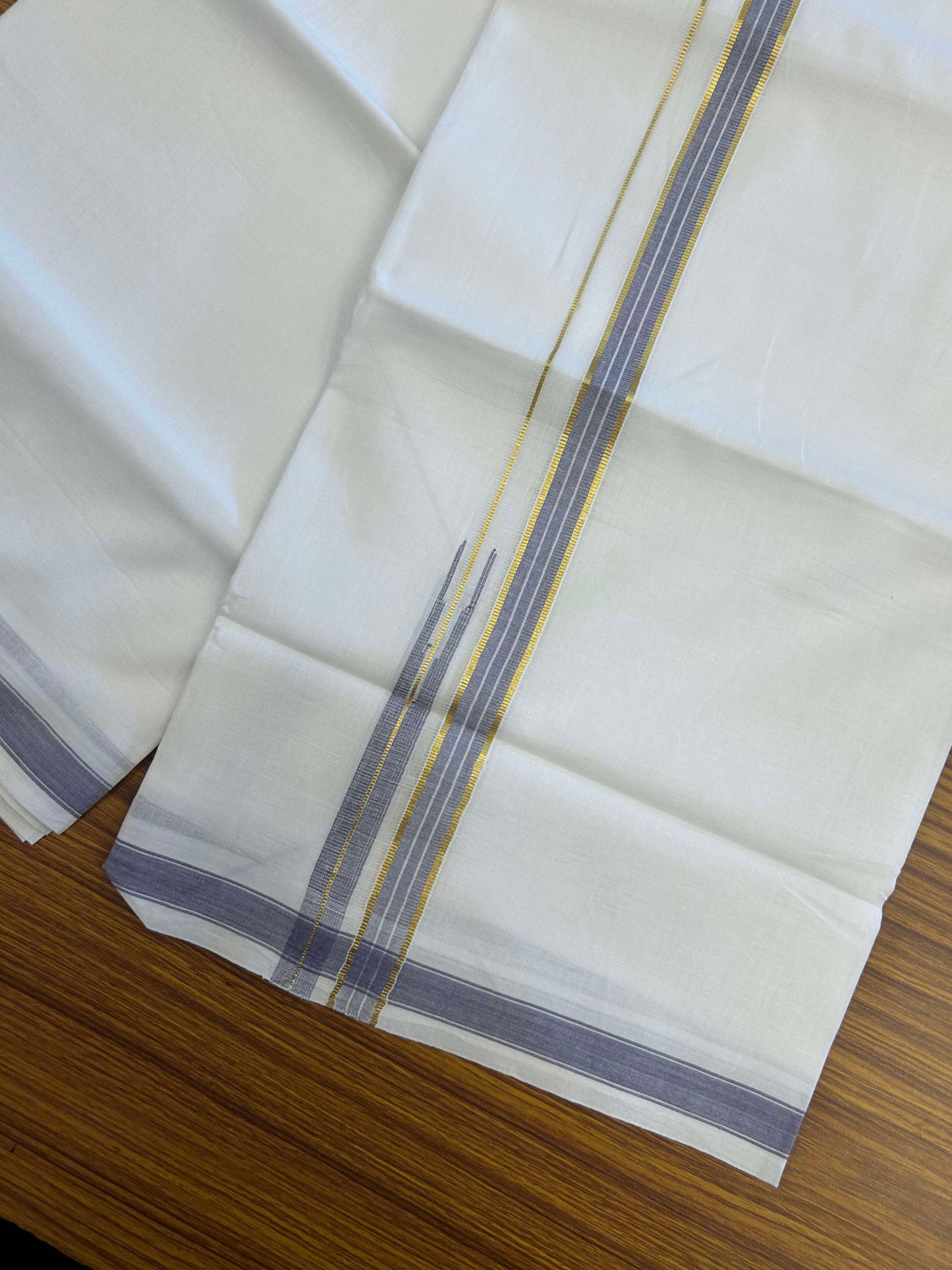 20% Discount!! Kaitharikada Balaramapuram 100% Pure Cotton Pure White Double Mundu/Dothi - 100x80 - 1.5 cm Lavender & Gold Kasav Puliyilakkara One Side Chutty Kara 3.90 m (8 muzham) - 38 KK5310 CKS