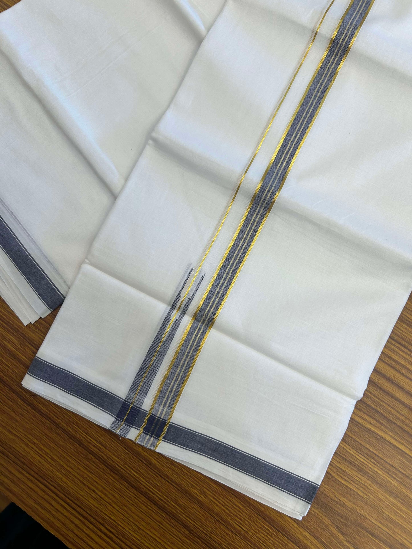 20% Discount!! Kaitharikada Balaramapuram 100% Pure Cotton Pure White Double Mundu/Dothi - 100x80 - 2 cm Blue & Gold Kasav Puliyilakkara One Side Chutty Kara 3.90 m (8 muzham) - 41 KK5310 CKS