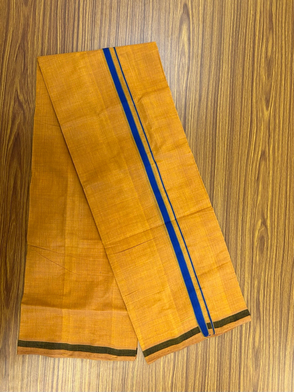Handloom Single Hallmarked - 10% Discount !! KaithariKada 100% Pure Cotton - Mundu/Dhoti 1.5 cm Blue & Sage Green shaded Kara with Kavi colour Body - (2 meter / 4 muzham) - 2 KK8033 ELA