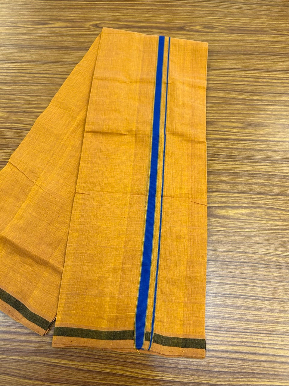 Handloom Single Hallmarked - 10% Discount !! KaithariKada 100% Pure Cotton - Mundu/Dhoti 1.5 cm Blue & Sage Green shaded Kara with Kavi colour Body - (2 meter / 4 muzham) - 2 KK8033 ELA