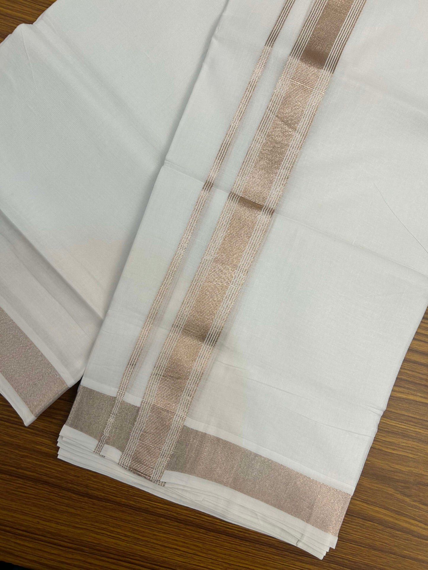 20% Discount ! Kaitharikada Balaramapuram 100% Cotton Pure White Double Mundu/Dothi - 100x80 - 1.5 inch Copper Silver Kasav Striped Kara 3.90 m (8 muzham) - 16 KK5301CKS