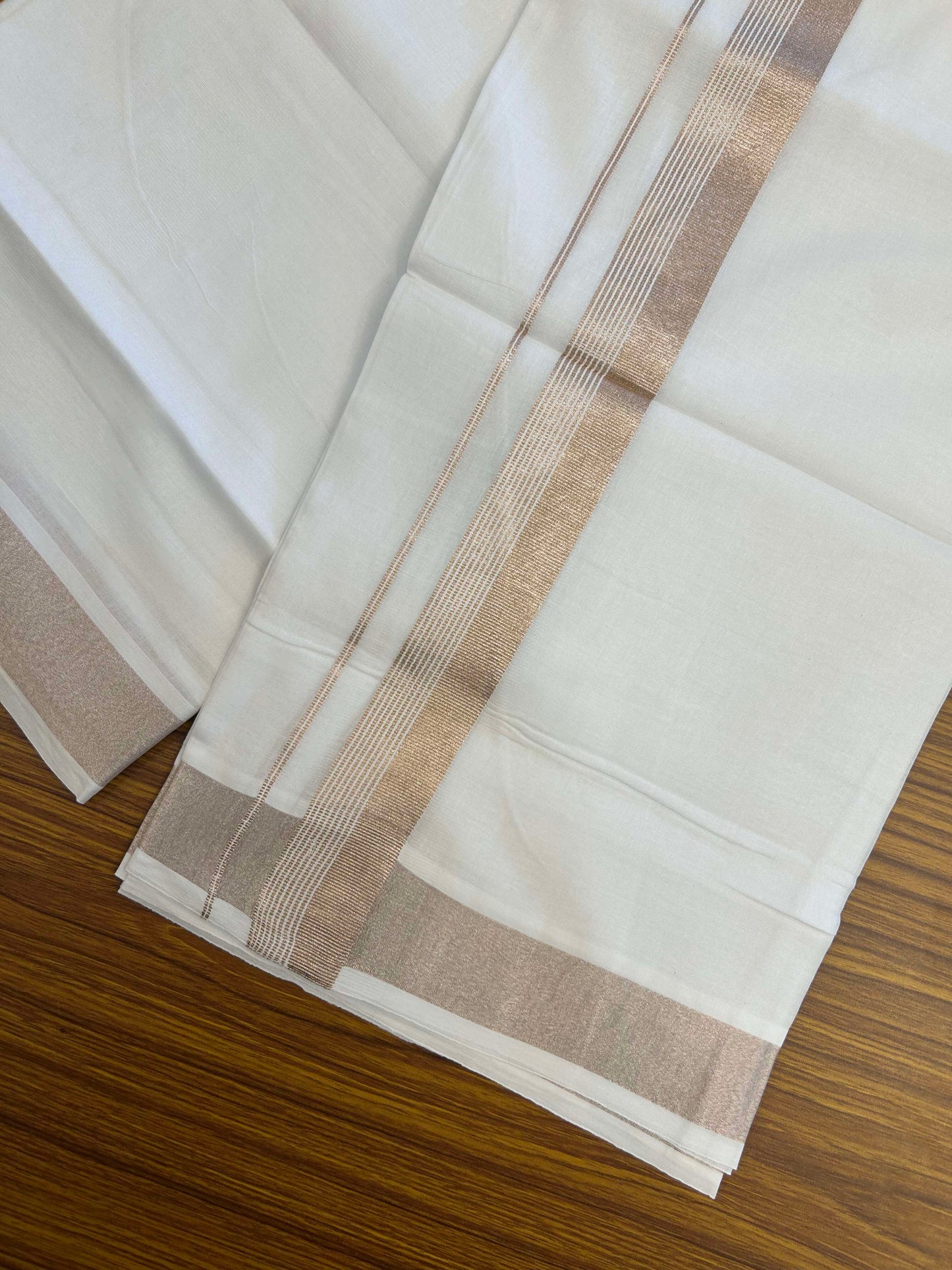 20% Discount ! Kaitharikada Balaramapuram 100% Cotton Pure White Double Mundu/Dothi - 100x80 - 1.5 inch Copper Silver Kasav Striped Kara 3.90 m (8 muzham) - 17 KK5301CKS