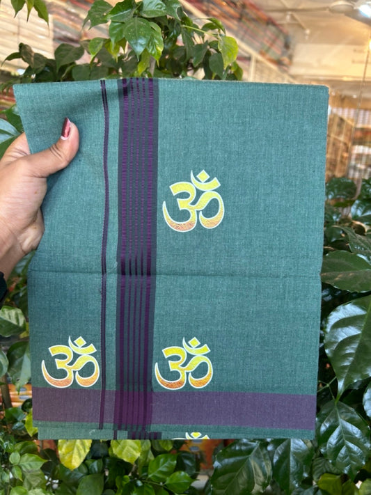 21% Discount ! Kaitharikada - Pure Cotton - Single Kaily / Lungi -(40s)- 1.25 inch Dark Purple Striped Ohm Printed Design kara with Green Shaded colour body  (2 meter / 4 muzham) - 9 KK8033 GAN