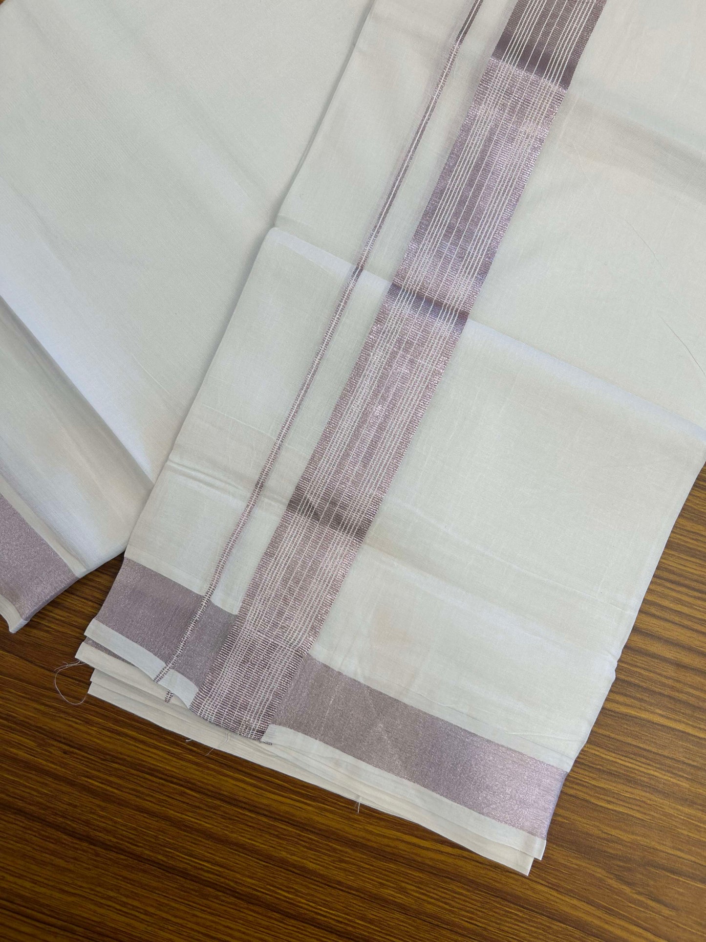 20% Discount ! Kaitharikada Balaramapuram 100% Cotton Pure White Double Mundu/Dothi - 100x80 - 1.75 inch Rose Pink Kasav Striped Kara 3.90 m (8 muzham) - 18 KK5301CKS