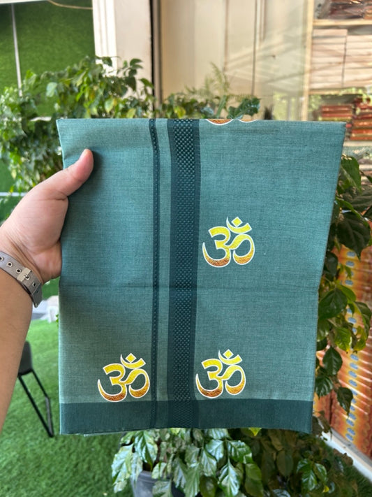 21% Discount ! Kaitharikada Pure Cotton - Single Kaily / Lungi -(40s)- 1 inch  Dark Green Striped Ohm Printed Design kara with Green Shaded colour body  (2 meter / 4 muzham) - 8 KK8033 GAN