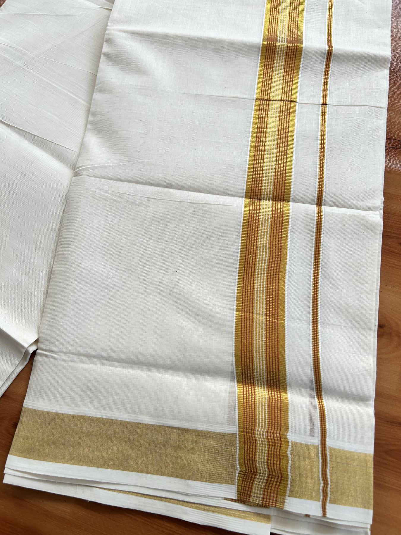Double Off White (Unbleached) Mundu/Dothi- 20% Discount! Kaitharikada Pure Cotton - 100x100 - 1.5 inch Gold Kasav & Wine Purple Striped Kara 4 mtr (8.5 muzham) - 4 KK5460 PMC