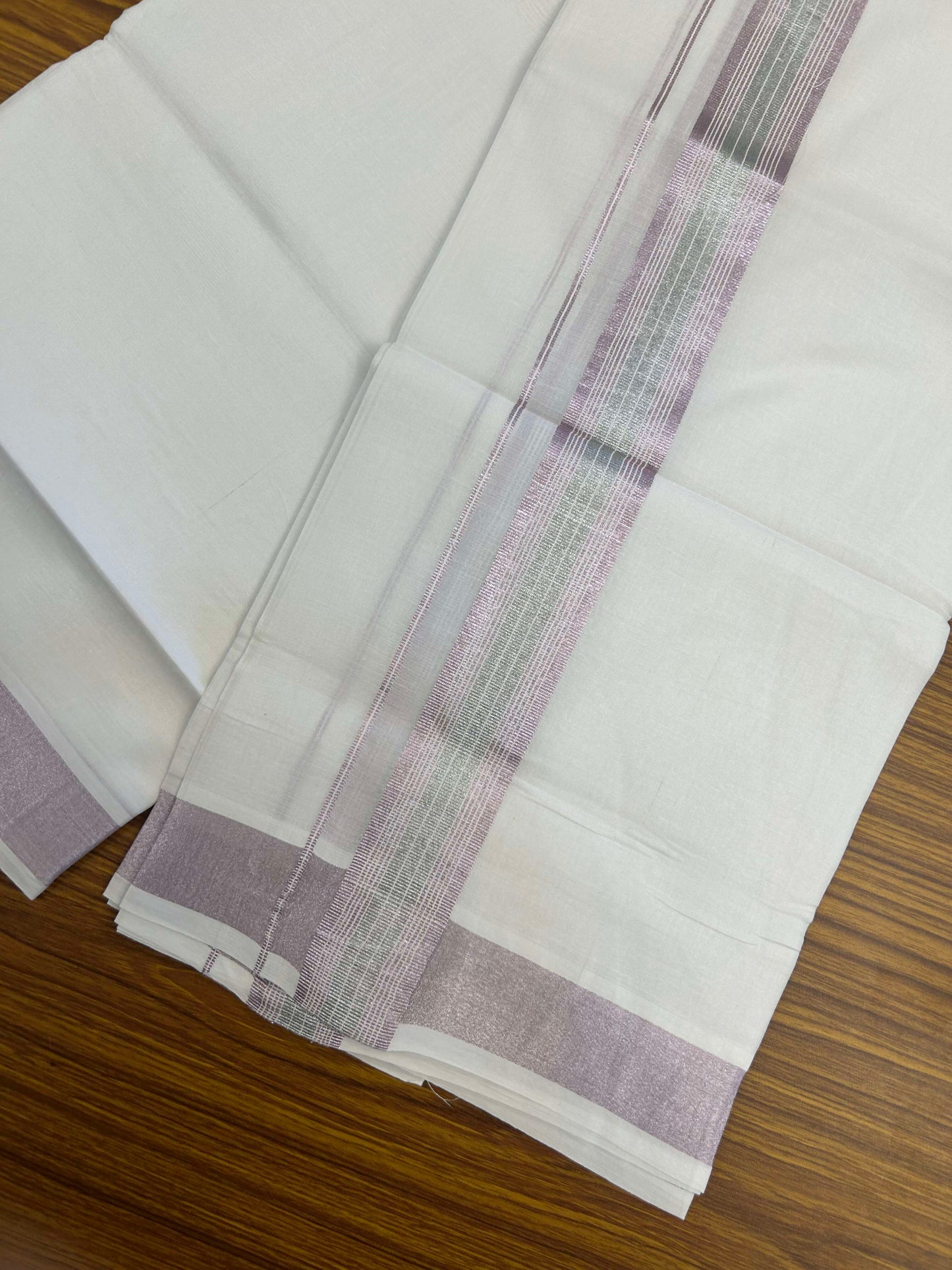20% Discount ! Kaitharikada Balaramapuram 100% Cotton Pure White Double Mundu/Dothi - 100x80 - 1.5 inch Rose Pink Kasav Striped Kara 3.90 m (8 muzham) - 20 KK5301CKS