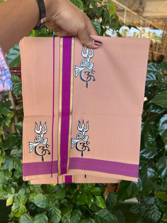 33% Discount !! Kaitharikada - Pure Cotton - Single Kaily / Lungi - (40s) - 1.25 inch Gold Kasav & Purple Printed Trishul Design kara with light Kavi colour body  (2 meter / 4 muzham) - 3 KK8033 GAN