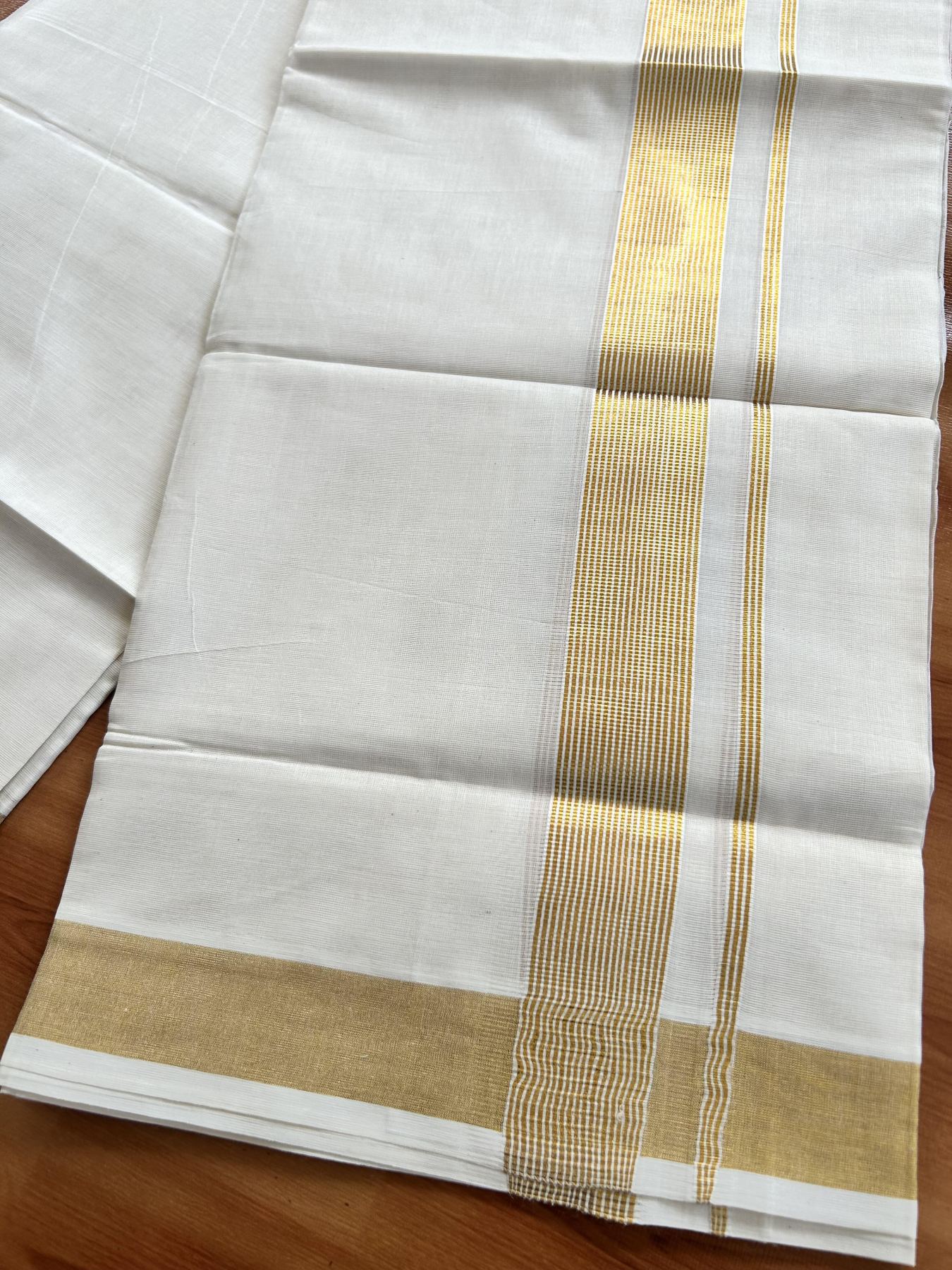 Double Off White (Unbleached) Mundu/Dothi- 20% Discount! Kaitharikada Pure Cotton - 100x100 - 1.5 inch Gold Kasav Striped Kara 4 mtr (8.5 muzham) - 8 KK5460 PMC