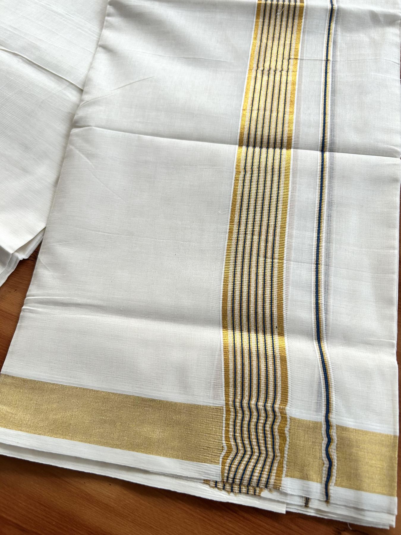 Double Off White (Unbleached) Mundu/Dothi- 20% Discount! Kaitharikada Pure Cotton - 100x100 - 1.5 inch Gold Kasav & Peacock Blue Striped Kara 4 mtr (8.5 muzham) - 5 KK5460 PMC