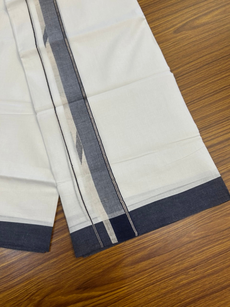 20% Discount ! Kaitharikada Balaramapuram 100% Cotton Pure White Double Mundu/Dothi - 100x80 - 1.75 inch Navy Blue & Silver Kasav Design Kara 4 mtr (8.5 muzham) -2 kk5270 VAS
