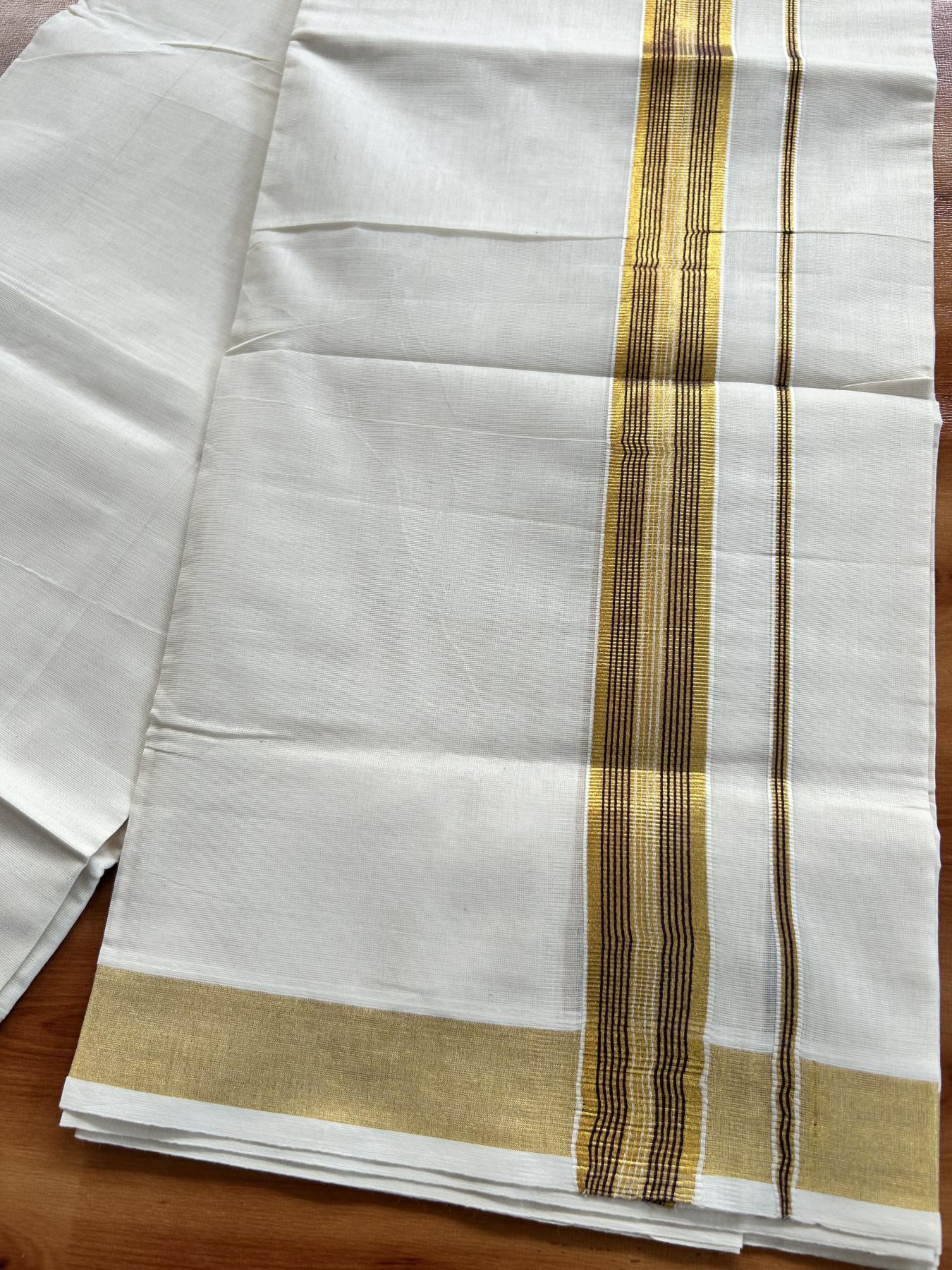 Double Off White (Unbleached) Mundu/Dothi- 20% Discount! Kaitharikada Pure Cotton - 100x100 - 1.5 inch Gold Kasav & Wine Purple Striped Kara 4 mtr (8.5 muzham) - 3 KK5460 PMC