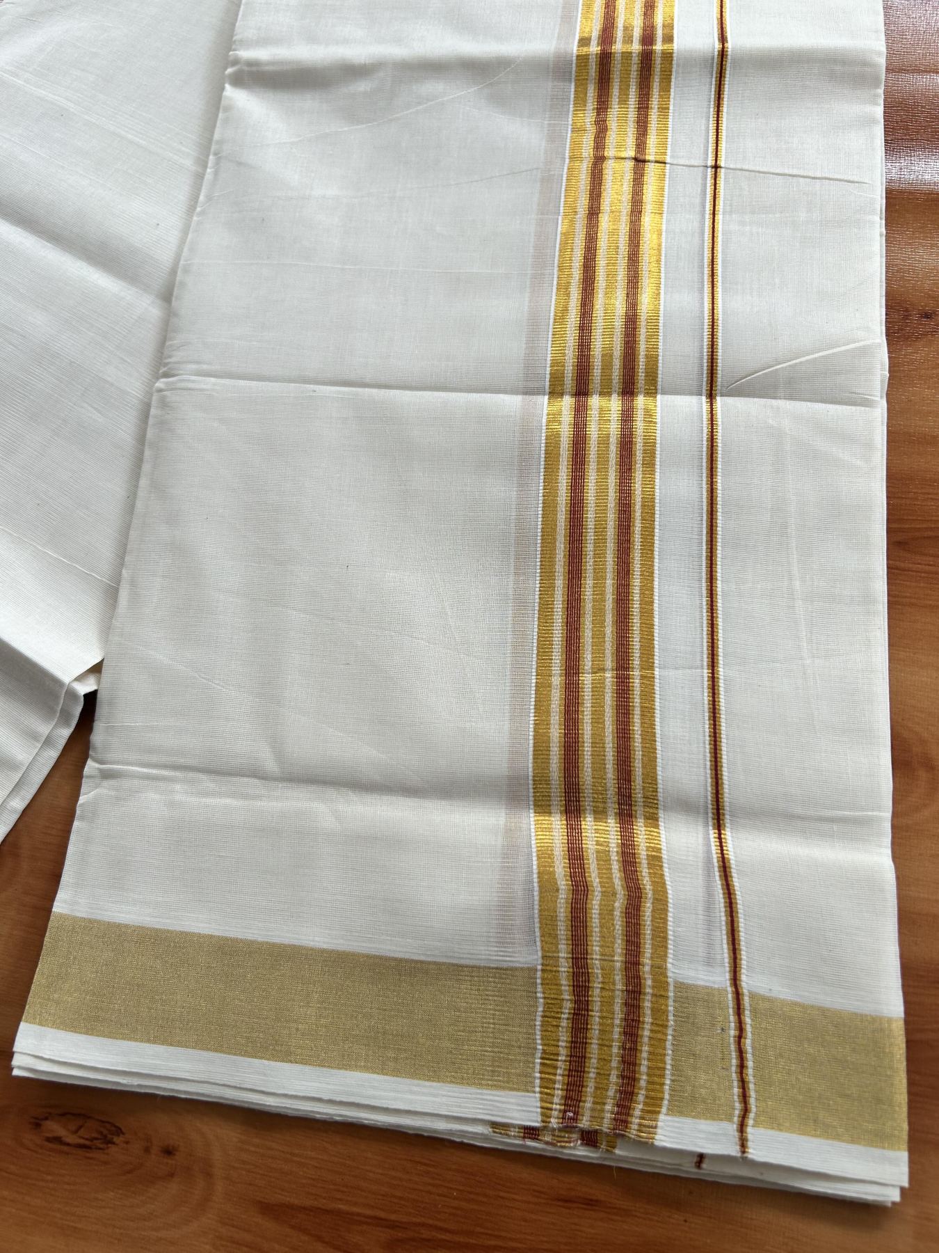 Double Off White (Unbleached) Mundu/Dothi- 20% Discount! Kaitharikada Pure Cotton - 100x100 - 1.5 inch Gold Kasav & Maroon Striped Kara 4 mtr (8.5 muzham) - 2 KK5460 PMC