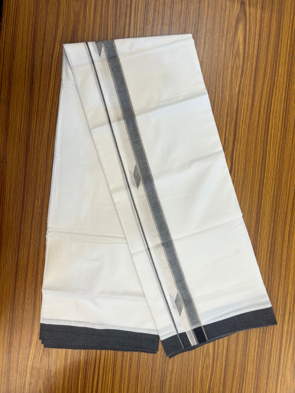 20% Discount ! Kaitharikada Balaramapuram 100% Cotton Pure White Double Mundu/Dothi - 100x80 - 1.5 inch Black & Silver Kasav Design Kara 4 mtr (8.5 muzham) - 5 KK5270 VAS