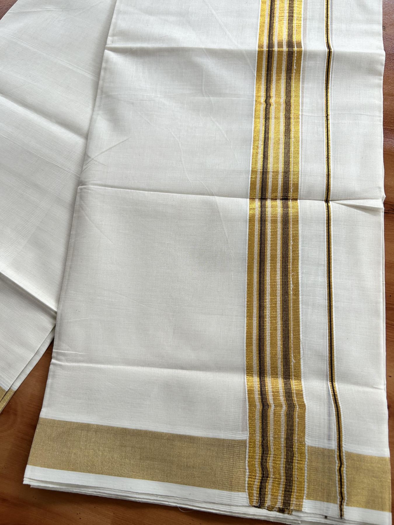 Double Off White (Unbleached) Mundu/Dothi- 20% Discount! Kaitharikada Pure Cotton - 100x100 - 1.5 inch Gold Kasav & Brown Striped Kara 4 mtr (8.5 muzham) - 1 KK5460 PMC