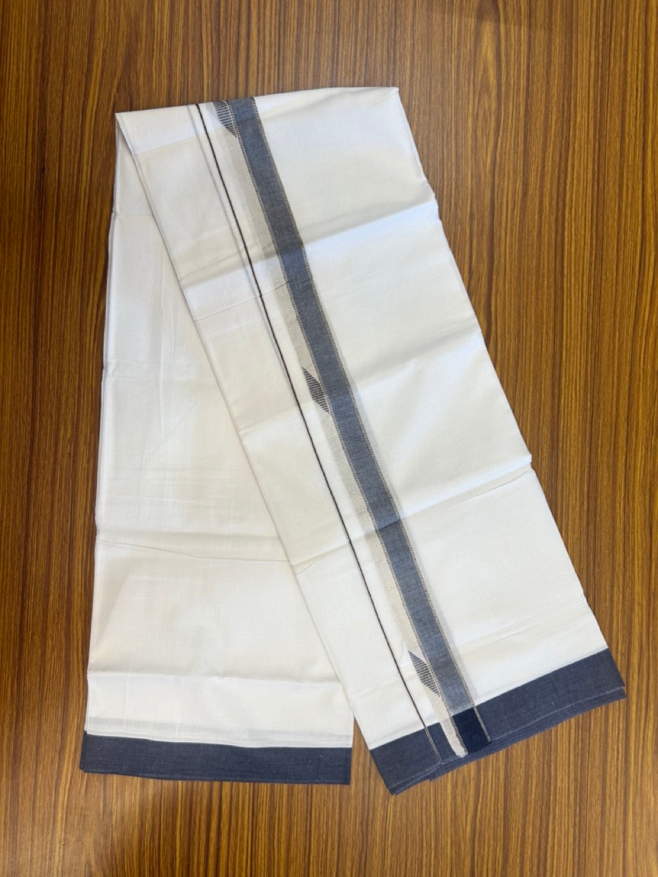 20% Discount ! Kaitharikada Balaramapuram 100% Cotton Pure White Double Mundu/Dothi - 100x80 - 1.5 inch Blue & Silver Kasav Design Kara 4 mtr (8.5 muzham) - 6 KK5270 VAS