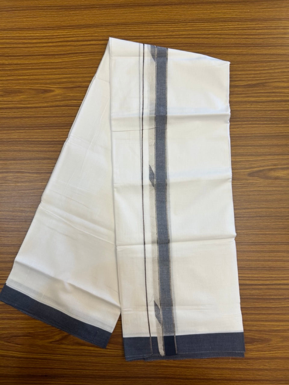 20% Discount ! Kaitharikada Balaramapuram 100% Cotton Pure White Double Mundu/Dothi - 100x80 - 1.5 inch Blue & Silver Kasav Design Kara 4 mtr (8.5 muzham) - 6 KK5270 VAS