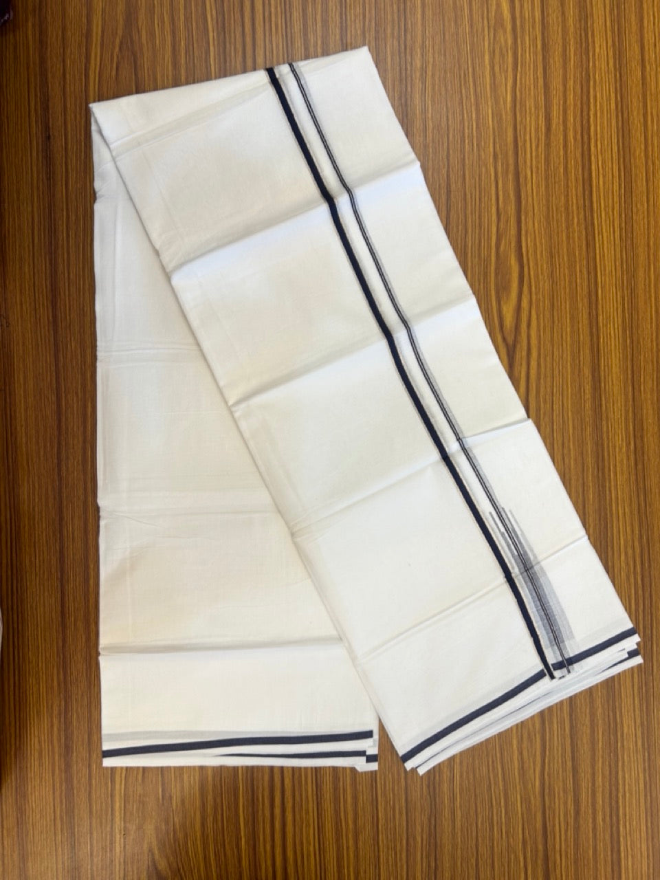 20% Discount ! Kaitharikada Balaramapuram 100% Cotton Pure White Double Mundu/Dothi - 100x80 - 1 cm Puliyilakkara Silver Kasav & Navy Blue Chutty Kara 4 mtr (8.5 muzham) - 8 KK5270 VAS