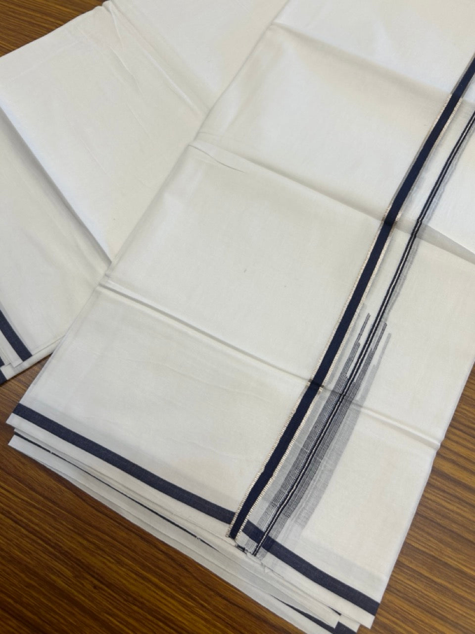 20% Discount ! Kaitharikada Balaramapuram 100% Cotton Pure White Double Mundu/Dothi - 100x80 - 1 cm Puliyilakkara Silver Kasav & Navy Blue Chutty Kara 4 mtr (8.5 muzham) - 8 KK5270 VAS