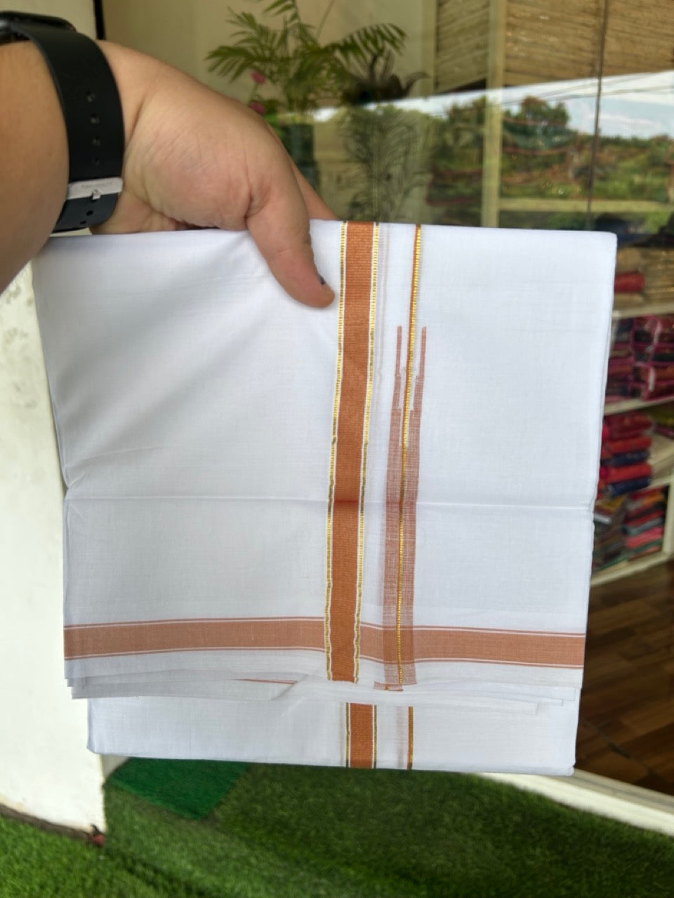 20% DISCOUNT!! KaithariKada Balaramapuram 100% Cotton PURE WHITE Double Mundu/Dhoti-100x80 - 0.5 inch Orange Brown Kasav Chutty Kara - 52KK5191CKS