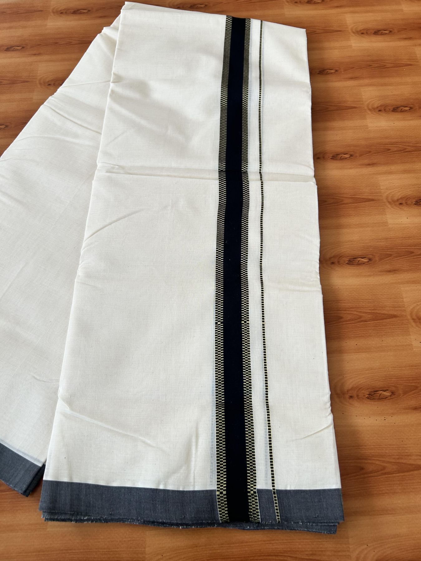 Double Off White (Unbleached) Mundu/Dhoti 25% Discount!! KaithariKada Handloom Millpaav - Kerala Handloom - 100% Pure Cotton - 80x90 - 1.25 Inch Gold Kasav & Black Kara - 4 mtr (8.5 Muzham) - 3 KK5459 RAM