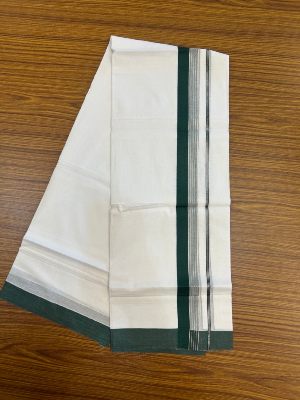 20% Discount ! KaithariKada Balaramapuram 100% Cotton Double Pure white Mundu/Dhoti- 100x80 - 1.75 inch Silver Kasavu & Dark Green Striped Kara - 3.90mtr ( 8 muzham) - 12 KK5270PMC