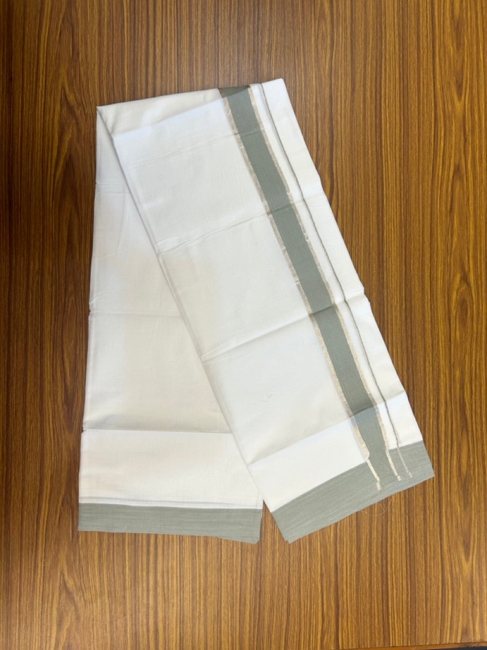 Short Dhoti Special - 28% Discount ! KaithariKada 100% Cotton Pure White Double Mundu / Dhoti - 100x80 - 45 inch Height 3.80 m Length 1.5 inch Light Sage Green & Silver Kasav kara - 13 KK5270 THI