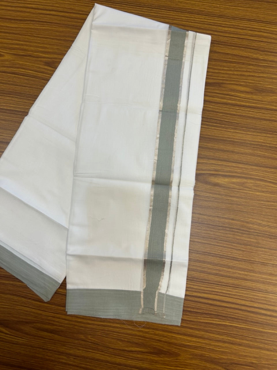 Short Dhoti Special - 28% Discount ! KaithariKada 100% Cotton Pure White Double Mundu / Dhoti - 100x80 - 45 inch Height 3.80 m Length 1.5 inch Light Sage Green & Silver Kasav kara - 13 KK5270 THI