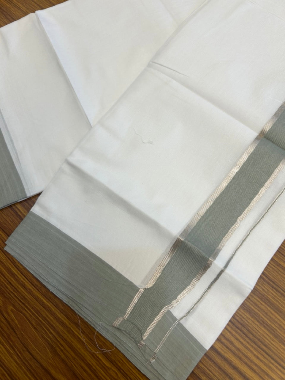 Short Dhoti Special - 28% Discount ! KaithariKada 100% Cotton Pure White Double Mundu / Dhoti - 100x80 - 45 inch Height 3.80 m Length 1.5 inch Light Sage Green & Silver Kasav kara - 13 KK5270 THI