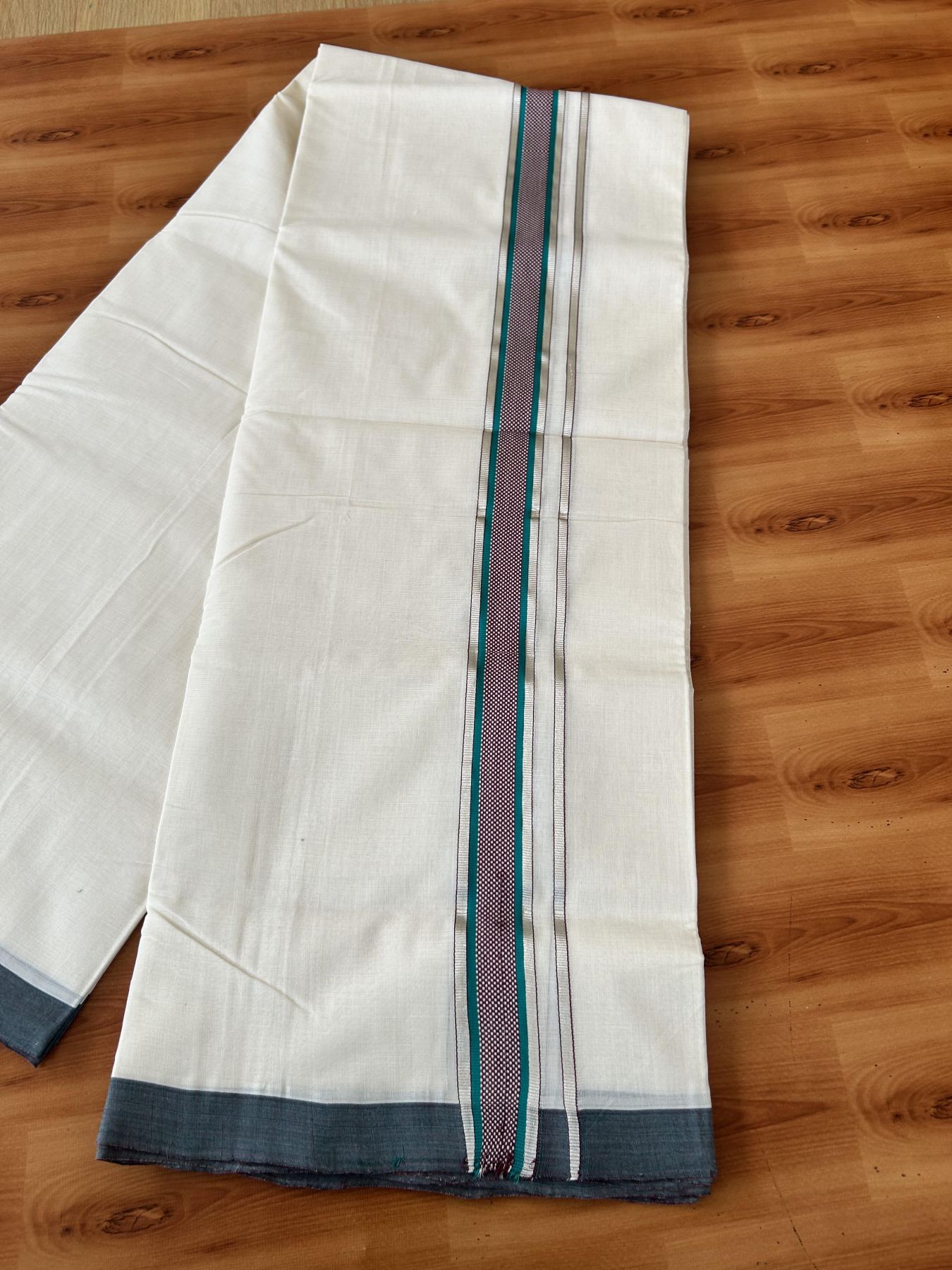 Double Off White (Unbleached) Mundu/Dhoti 25% Discount!! KaithariKada Handloom Unakkupaav - Kerala Handloom - 100% Pure Cotton - 80x90 - 1.25 Inch Silver Kasav Peacock Green & Dark Maroon Striped Kara - 4 mtr (8.5 Muzham) - 7 KK5459 ABH