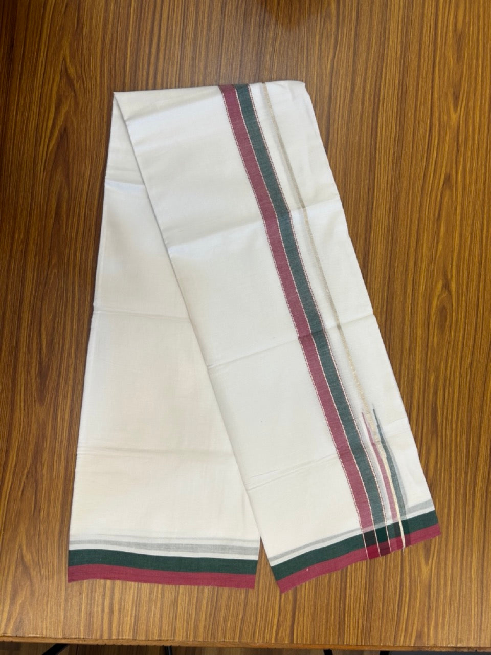 26% Discount ! NEW! KaithariKada Balaramapuram 100% Cotton Pure white Double Mundu/Dhoti - (100x80)s - 1.5 inch Silver Kasav Light Maroon & Green - 17 KK5270 CKS