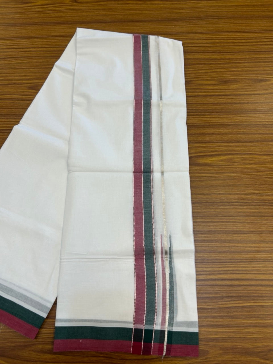 26% Discount ! NEW! KaithariKada Balaramapuram 100% Cotton Pure white Double Mundu/Dhoti - (100x80)s - 1.5 inch Silver Kasav Light Maroon & Green - 17 KK5270 CKS