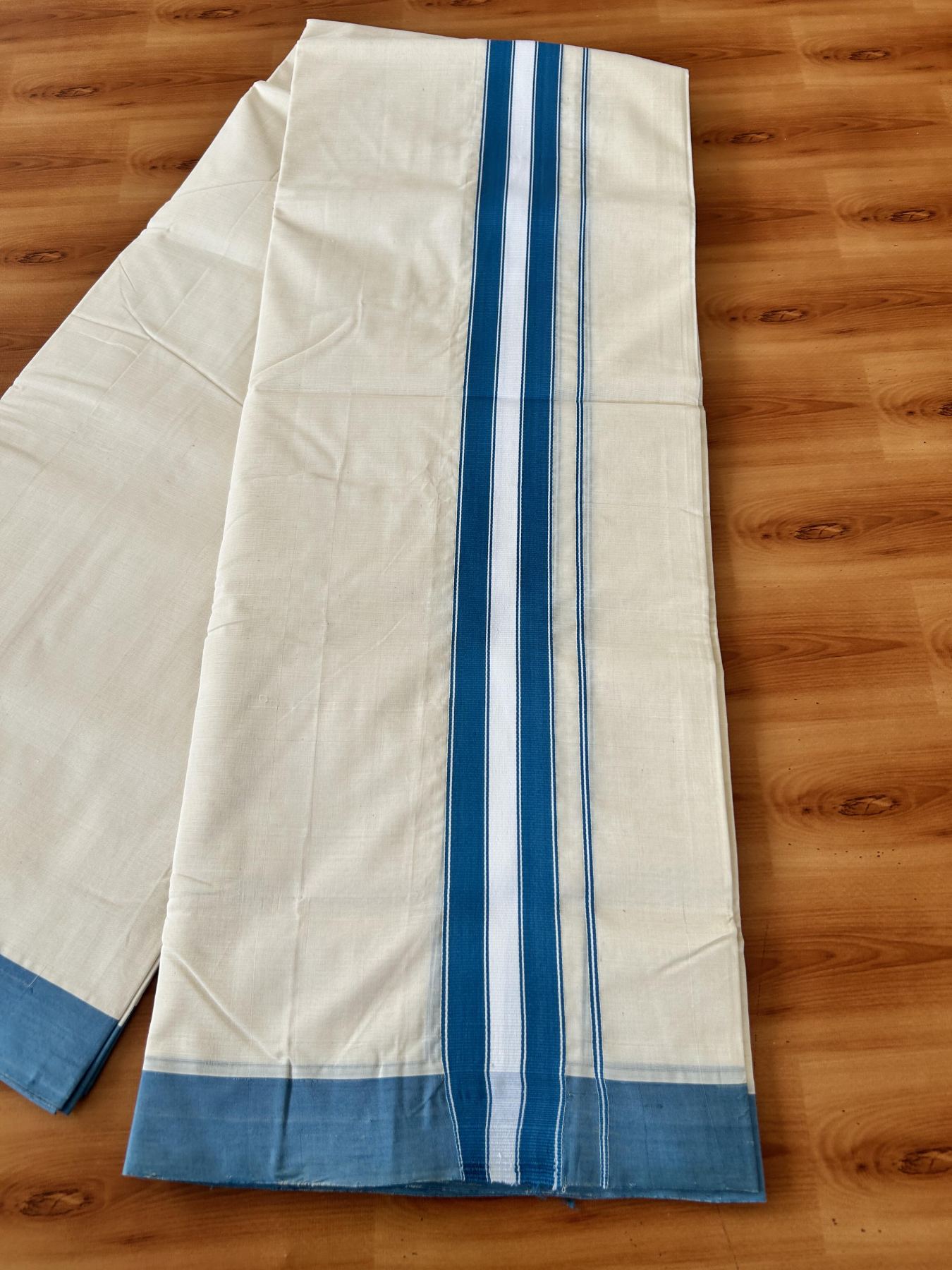 Double Off White (Unbleached) Mundu/Dhoti 25% Discount!! KaithariKada Handloom Unakkupaavu - Kerala Handloom - 100% Pure Cotton - 80x90 - 2 Inch Peacock Blue Kara - 4 mtr (8.5 Muzham) - 2 KK5459 ABH