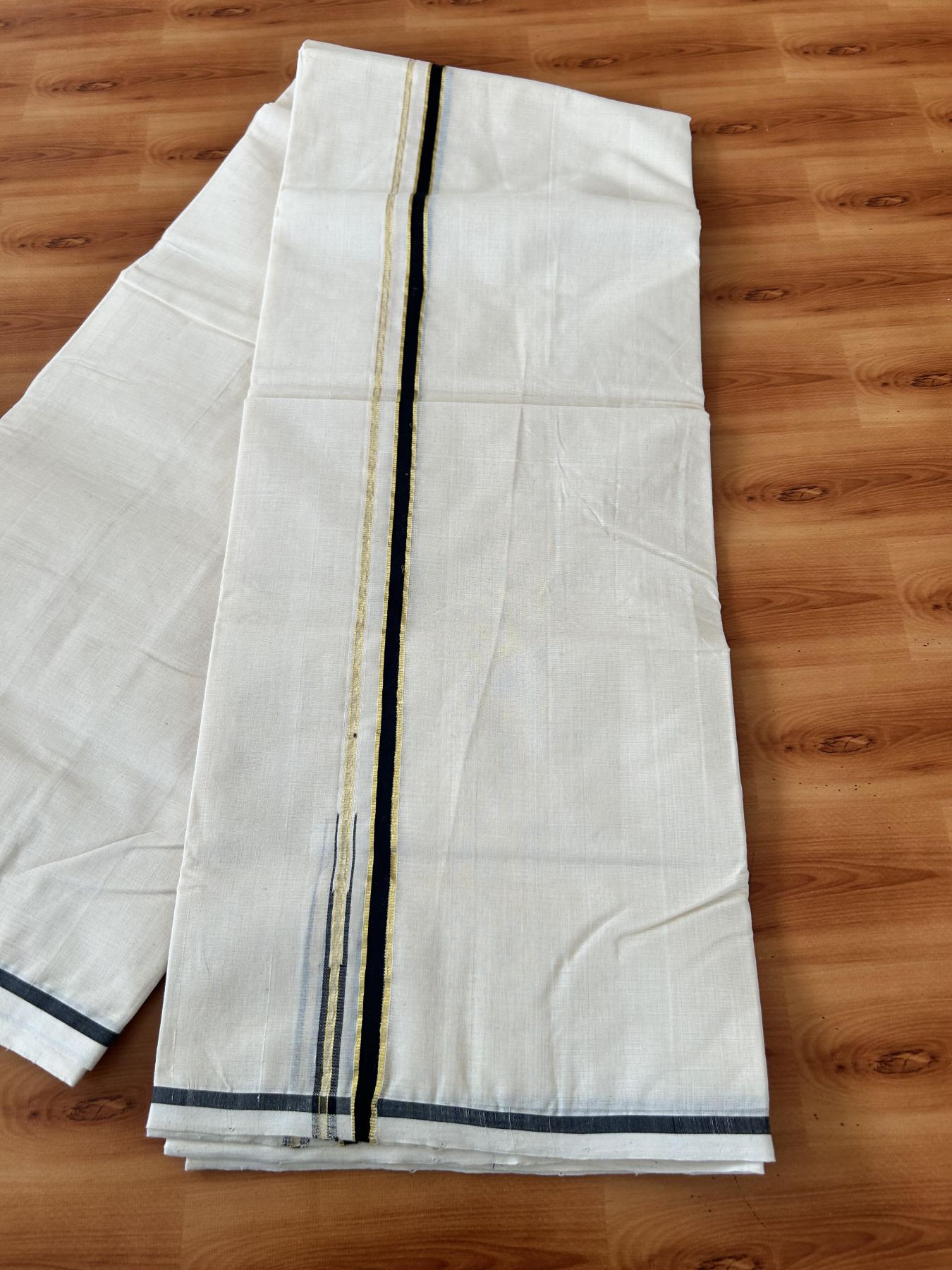 Double Off White (Unbleached) Mundu/Dhoti 25% Discount!! KaithariKada Handloom Millpaav - Kerala Handloom - 100% Pure Cotton - 80x90 - 1 cm Puliyilakkara Gold Kasav & Black Chutty Kara - 4 mtr (8.5 Muzham) - 1 KK5459 RAM