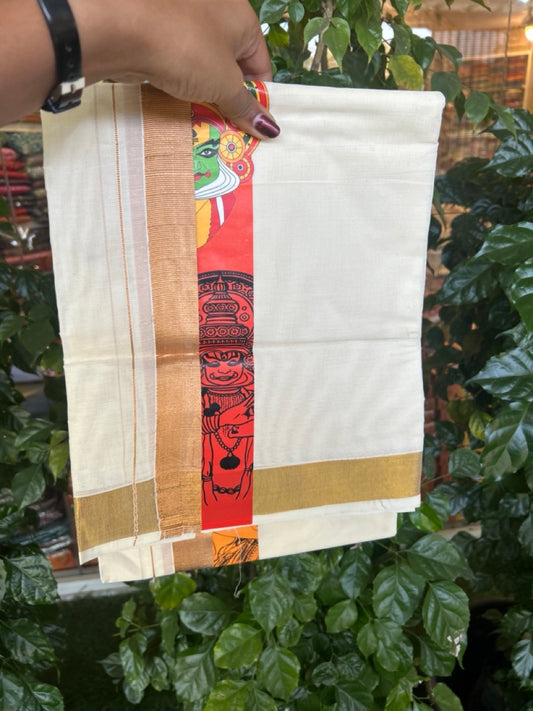 20% Discount! KaithariKada Balaramapuram Off White Double - (Unbleached) Mundu/Dhoti - Mixed Cotton (80x72) - Kathakali Hand Printed Gold Kasav Orange , Red & Yellow Pattern 2.75 inch Kara - 12 KK5271 PMC