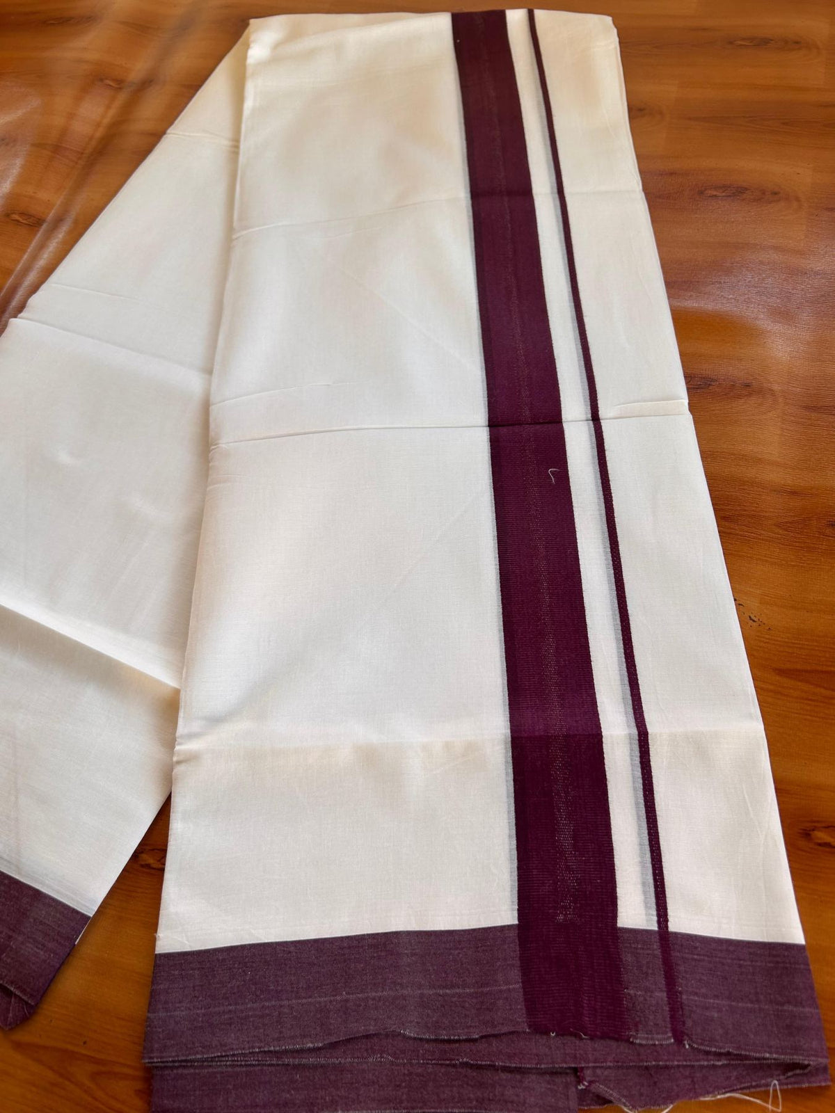 Pure White Double Mundu/Dhoti - 20% Discount ! Kaitharikada Pure Cotton - 100x80 - 1.5 inch Dark Wine Maroon striped Kara 3.80 mtr (8 muzham) - 82 KK5523 MC