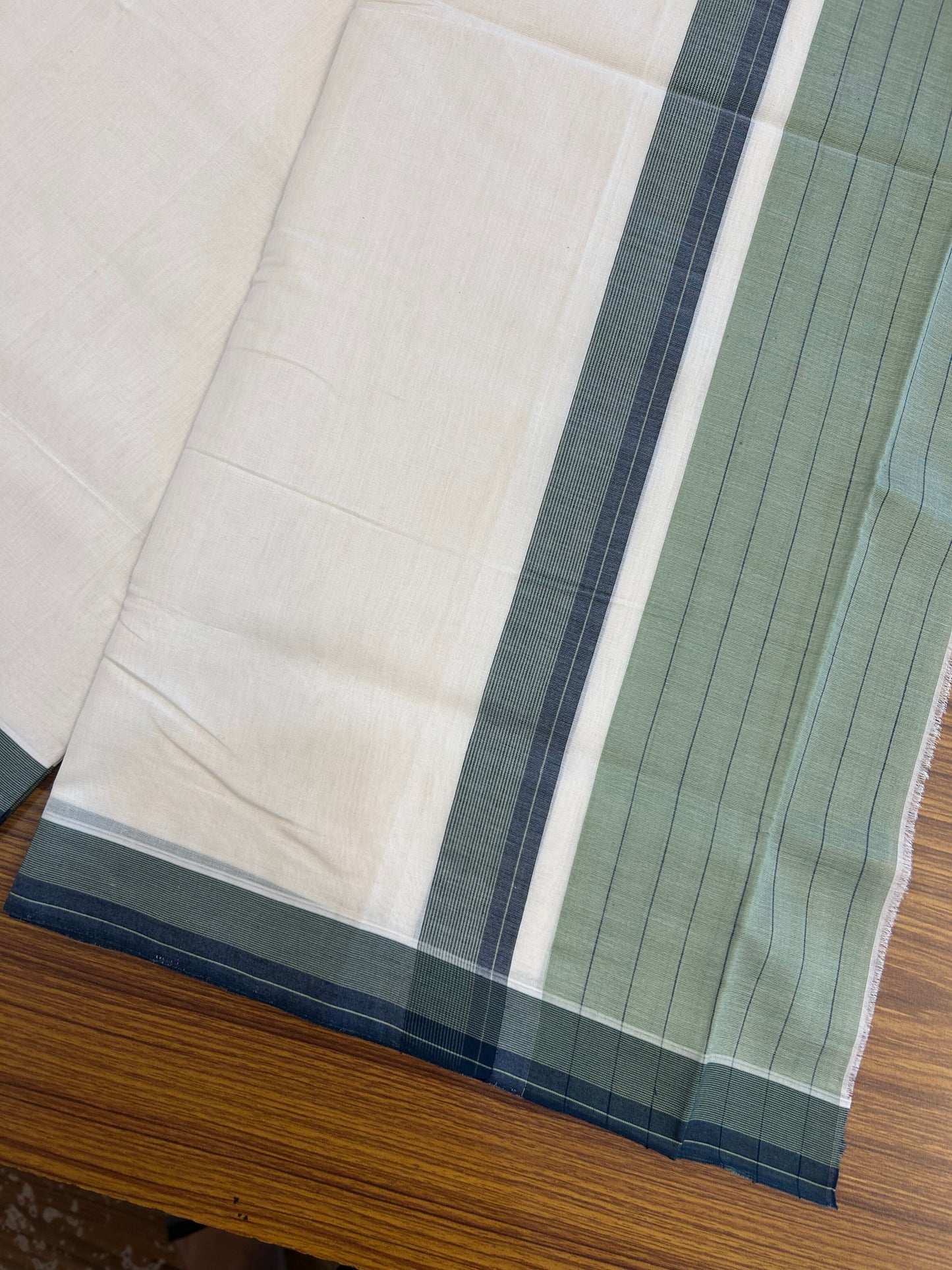 25% Discount!! KaithariKada Handloom Unakkupaav - Kerala Handloom - 100% Pure Cotton Off White - (Unbleached) Double Mundu/Dothi - 100 x 80 - 6.5 inch Peacock Green & Mint Green Side Striped Kara 4 meter (8.5 muzham) - 5 KK5366 REA