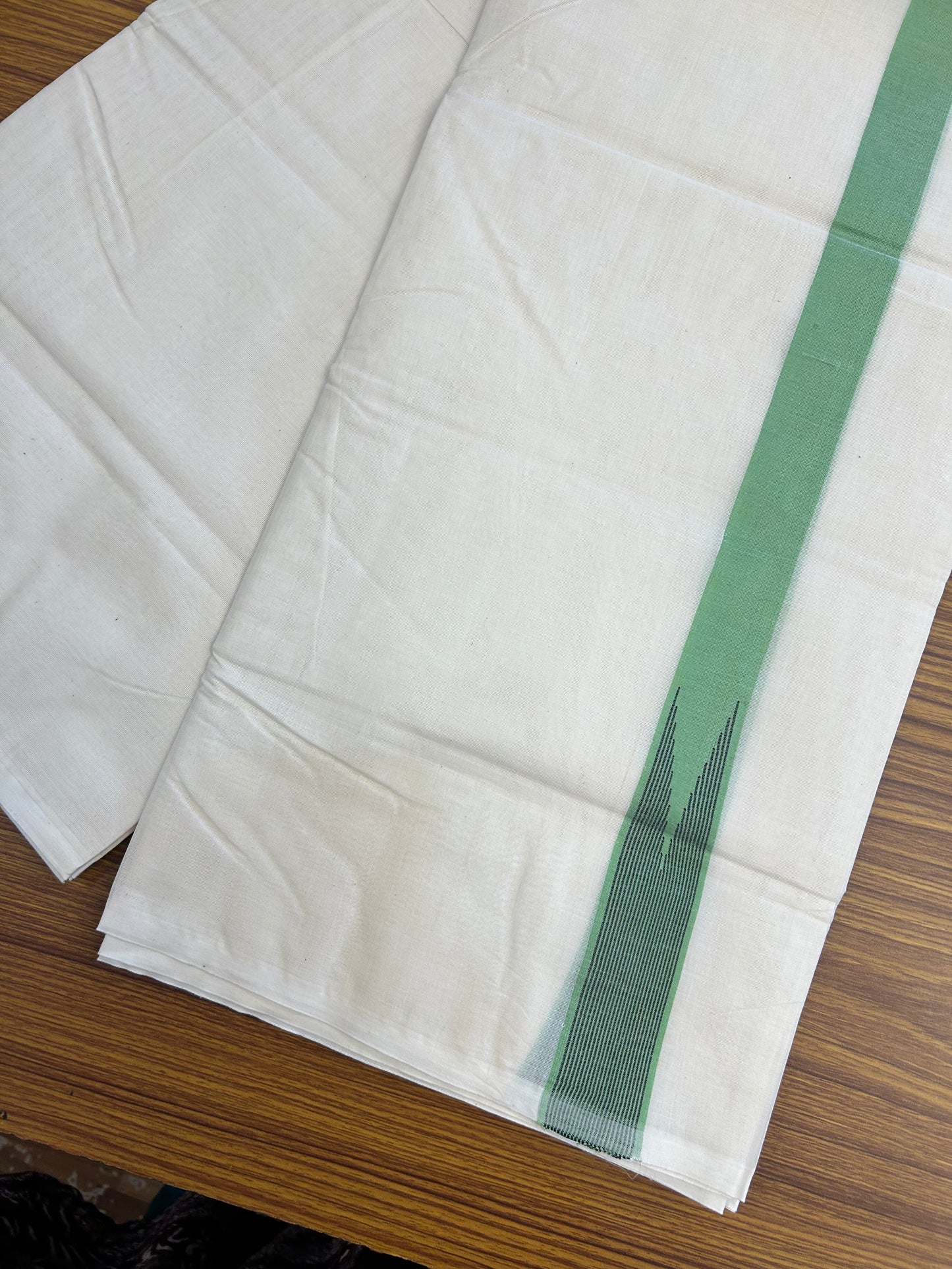 20% Discount ! KaithariKada 100% Cotton off white Double - (Unbleached) Mundu/Dhoti - 100X100 - 1.25 inch Puliyilakkara Parrot Green & Black Striped Chutty kara - 4 mtr (8.5 muzham) - 10 KK5347 ASH