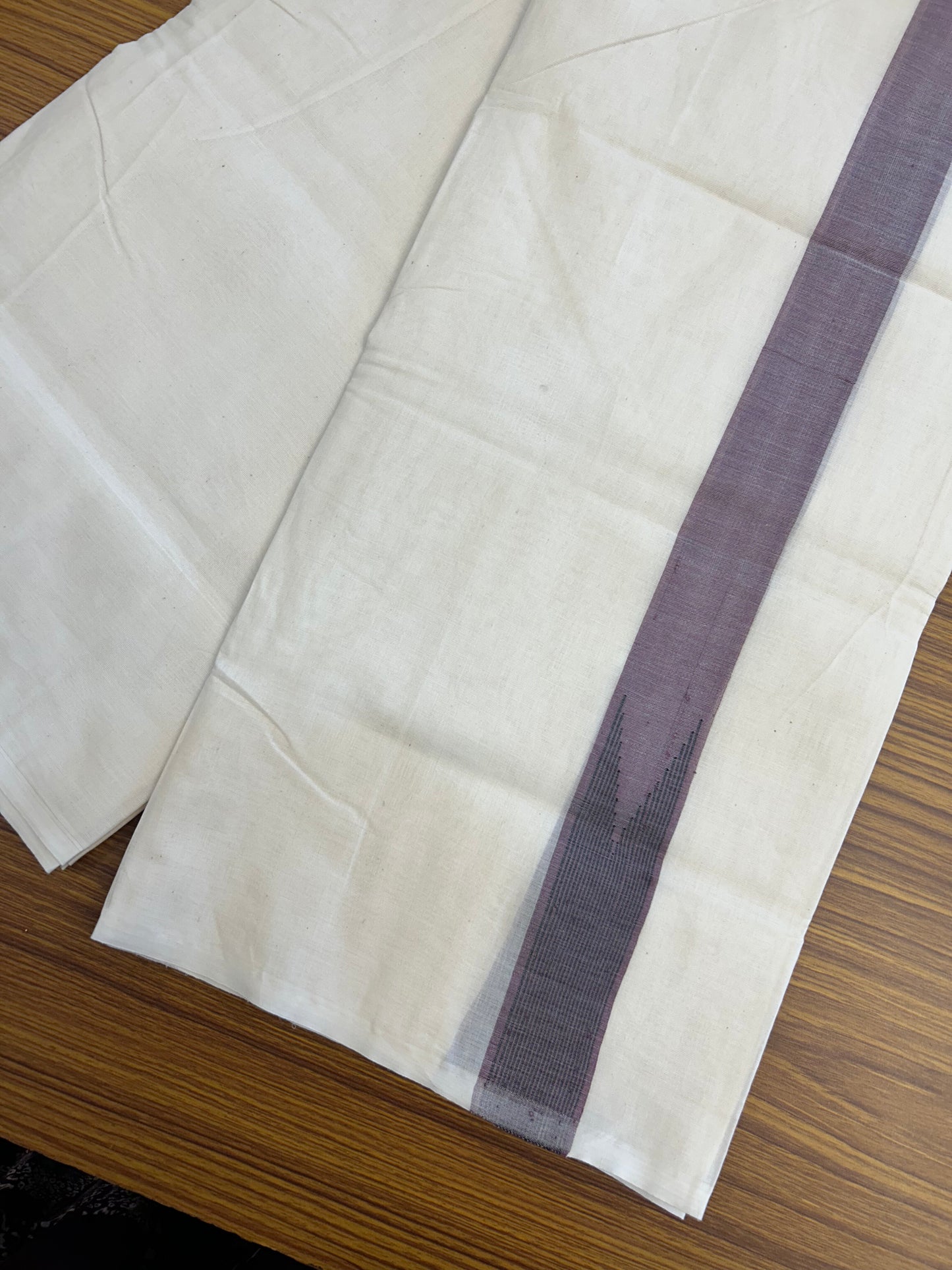 20% Discount ! KaithariKada 100% Cotton off white Double - (Unbleached) Mundu/Dhoti - 100X100 - 1.25 inch Puliyilakkara Dark Pastel Purple & Black Striped Chutty kara - 4 mtr (8.5 muzham) - 13 KK5347 ASH