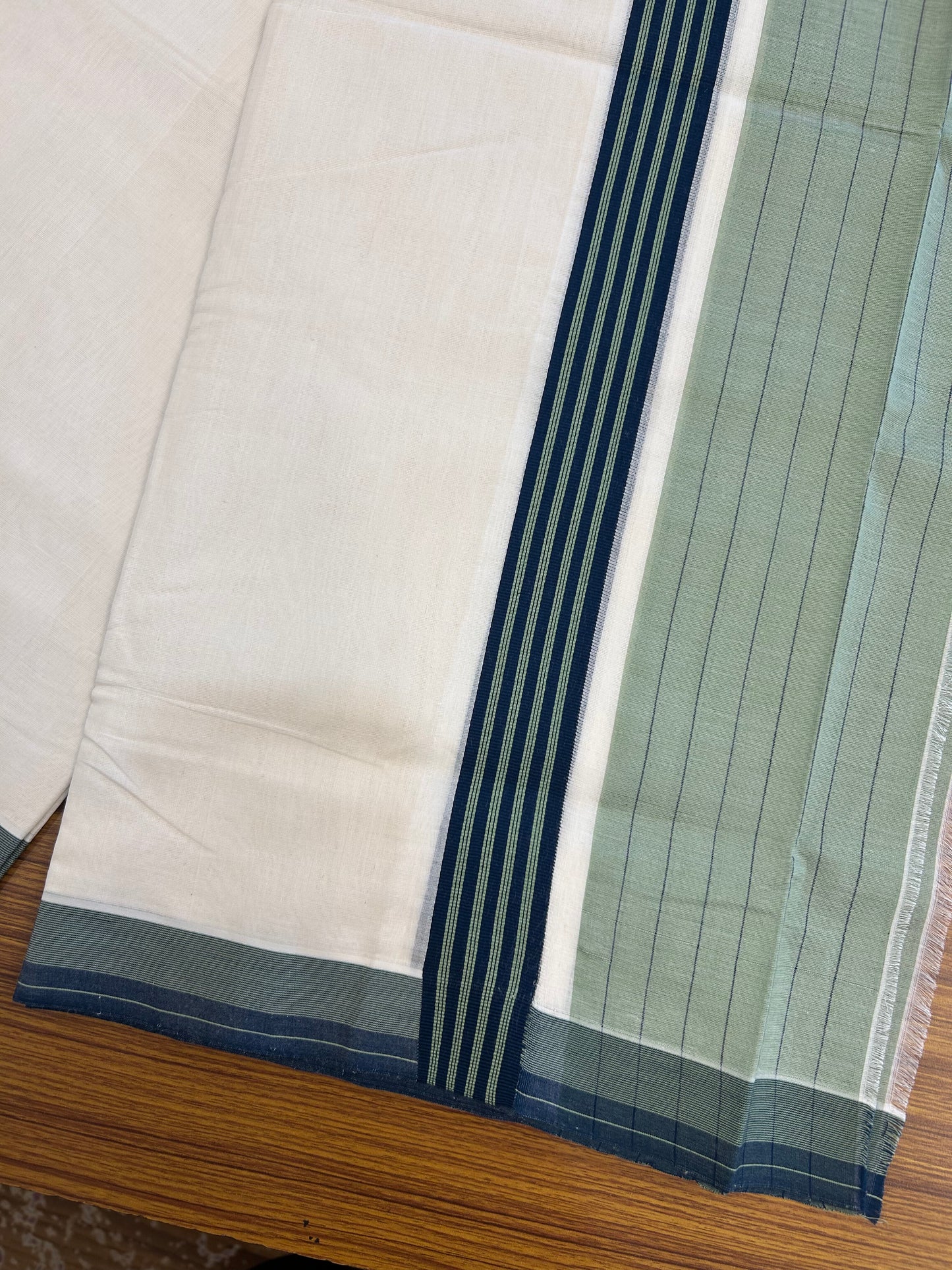 25% Discount!! KaithariKada Handloom Unakkupaav - Kerala Handloom - 100% Pure Cotton Off White - (Unbleached) Double Mundu/Dothi - 100 x 80 - 6.5 inch Dark Sea Green & Peacock Blue Side Striped Kara 4 meter (8.5 muzham) - 10 KK5366 REA