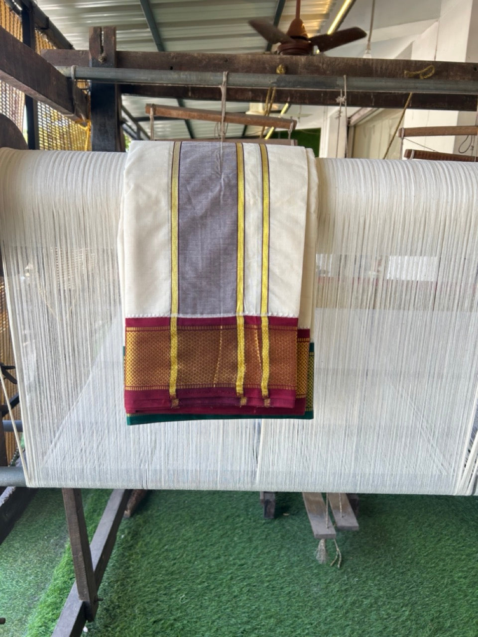 20% DISCOUNT! KaithariKada 100% Cotton Off White - (Unbleached) 100x100 thread - NORTH INDIAN- ATTACHED GAMCHA 9x5 Dhoti 3.5 inch Violet kara with Maroon & Dark Green Kasavu border - 28KK5196PMC