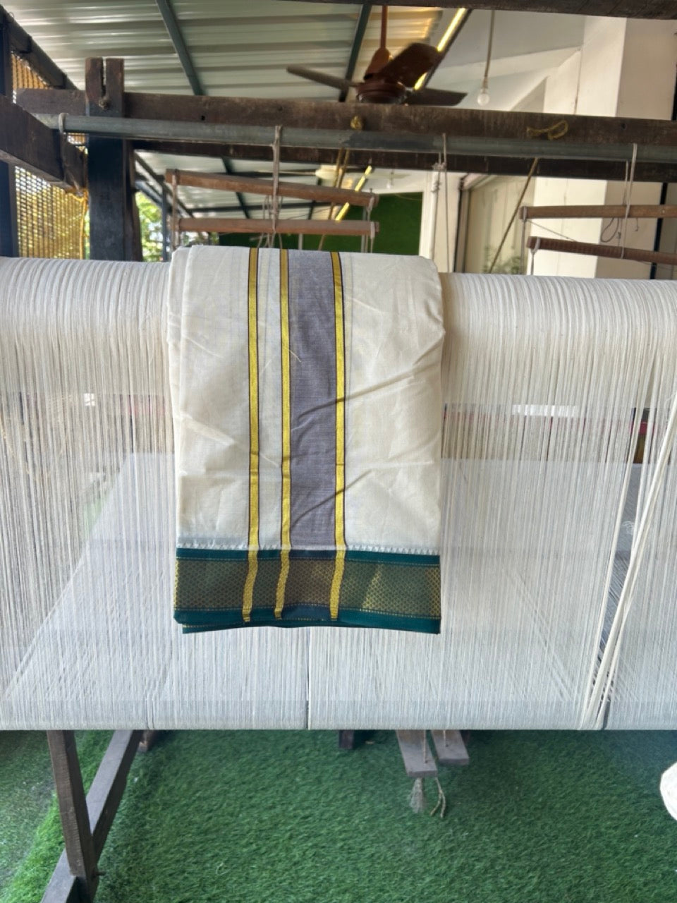 20% DISCOUNT! KaithariKada 100% Cotton Off White - (Unbleached) 100x100 thread - NORTH INDIAN- ATTACHED GAMCHA 9x5 Dhoti 2.5 inch Violet kara with Maroon & Dark Green Kasavu border - 27KK5196PMC