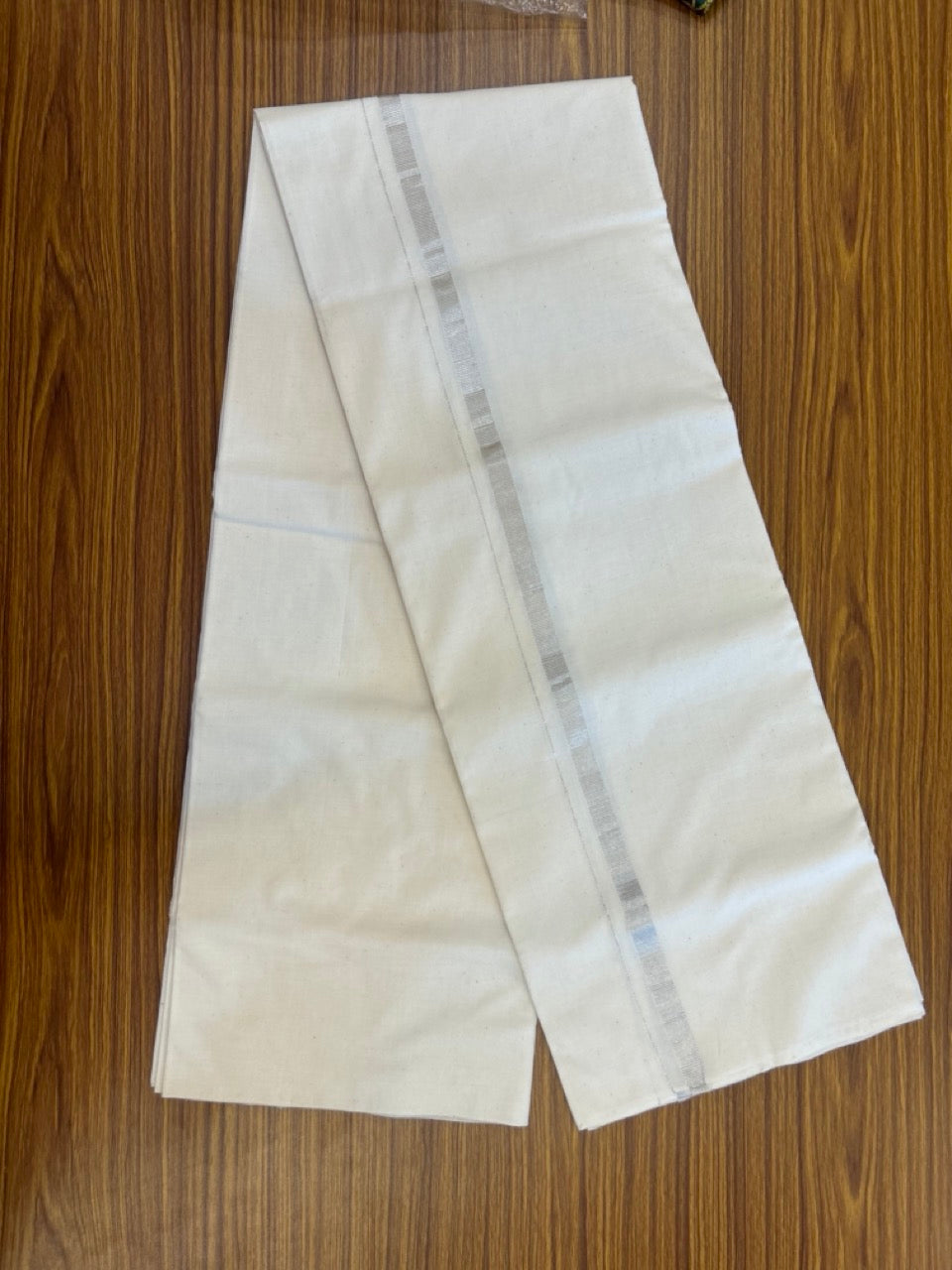 25% DISCOUNT!! SIGNATURE KAITHARIKADA EXCLUSIVE SINGLE DHOTI - 100% Cotton Balaramapuram HANDLOOM Single Mundu/Dhoti - Off White (Unbleached) 0.5 inch Silver Kasav Kara (2 meter / 4 muzham) - 9 KK5269 KAI