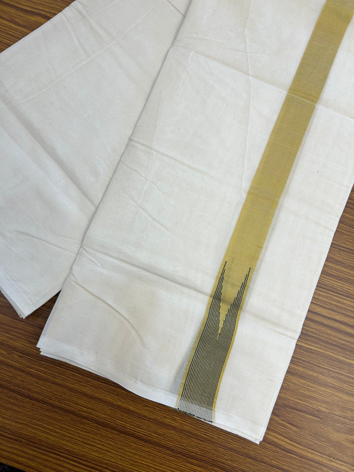 20% Discount ! KaithariKada 100% Cotton off white Double - (Unbleached) Mundu/Dhoti - 100X100 - 1.25 inch Puliyilakkara Mustard Yellow & Black Striped Chutty kara - 4 mtr (8.5 muzham) - 12 KK5347 ASH